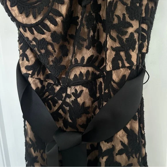 Tadashi Shoji Black Lace One-Shoulder Evening Gown with Nude Lining - Picture 3 of 6